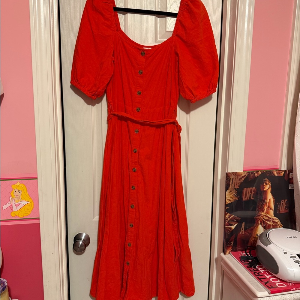 H&M Bold Red Maxi Dress with Puff Sleeves
